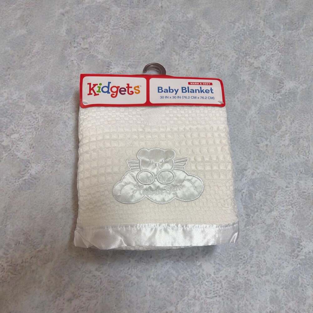 Kidgets White Baby Blanket Heaven Sent Angel Bear Waffle Weave Satin Binding